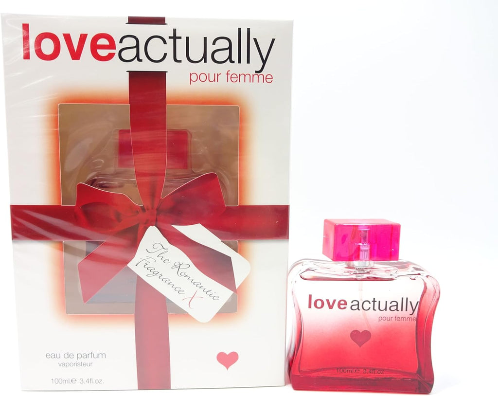 Close-up of Love Actually Perfume bottle with red heart design and packaging