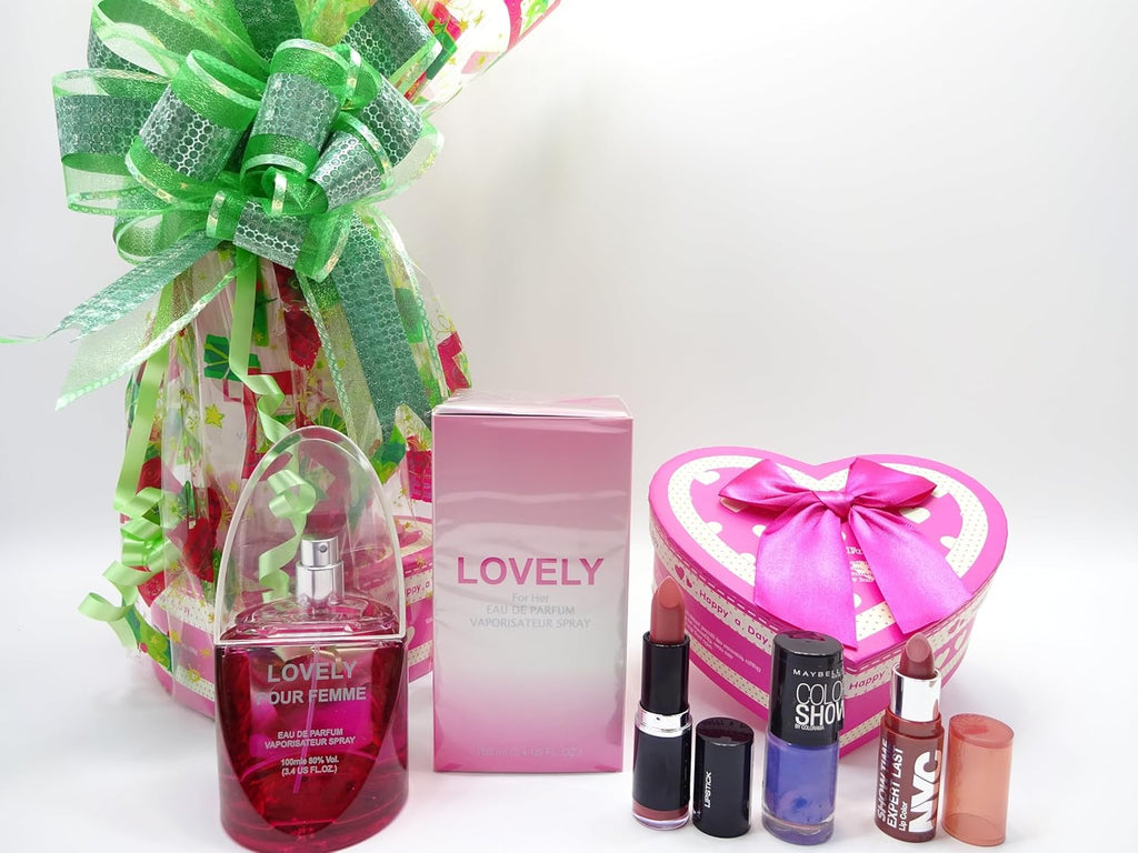 Complete LOVELY Perfume and 3pc Makeup Kit Gift Hamper featuring lipsticks and nail polish, elegantly packaged.