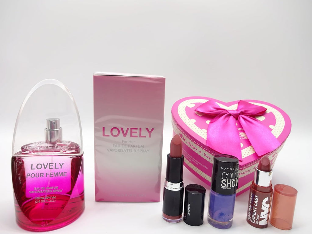 Full product display of LOVELY Perfume, makeup kit, and heart-shaped gift box included in the beauty bundle.