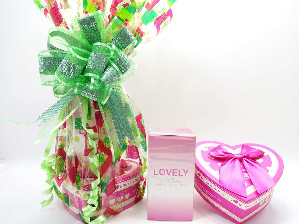 Unwrapped LOVELY Perfume and Makeup Kit displayed alongside the heart-shaped gift box, ready for gifting.