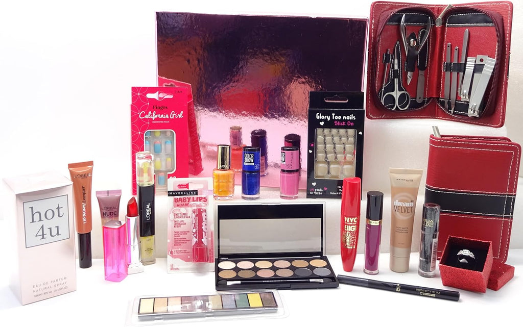 Close-up of makeup items, including a variety of lipsticks, nail polishes, eyeshadow palettes, and foundation from mixed brands, displayed next to a luxury gift box.