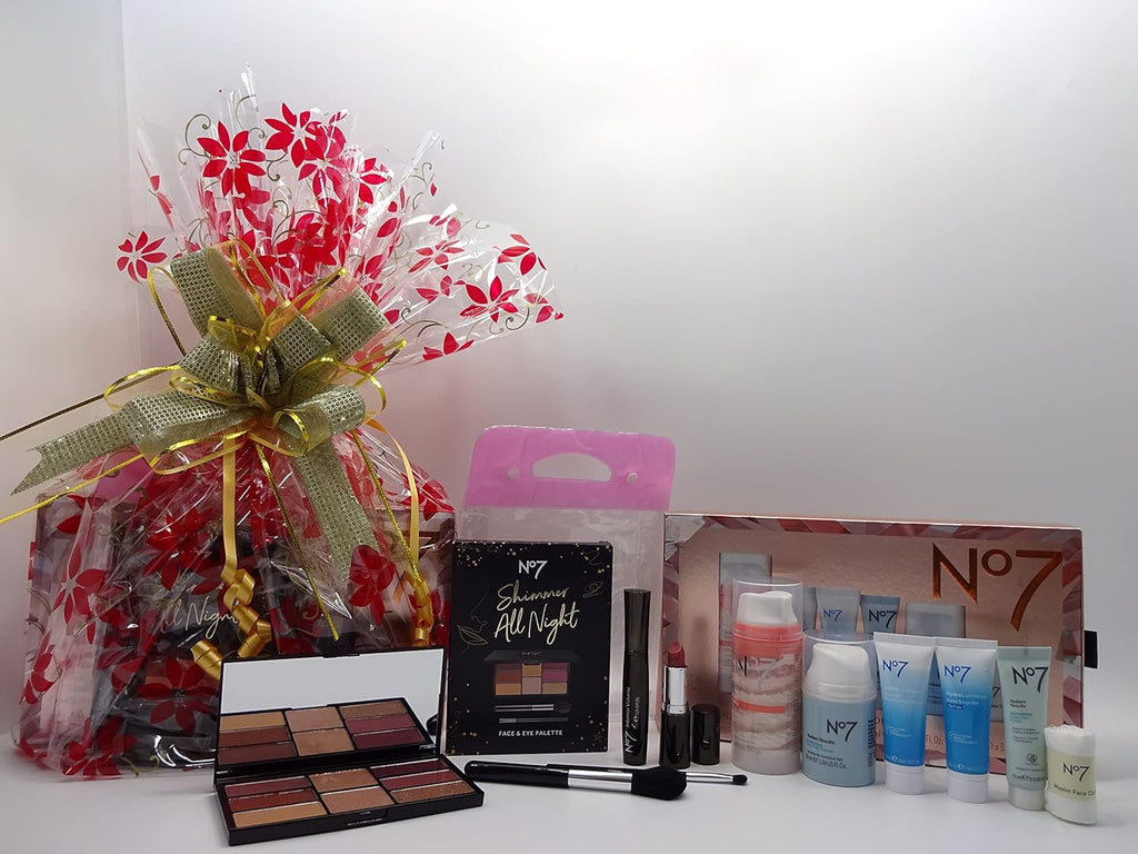 Luxury No7 Skin Care & Make Up Collection set with skincare tubes, makeup palettes, and brushes.