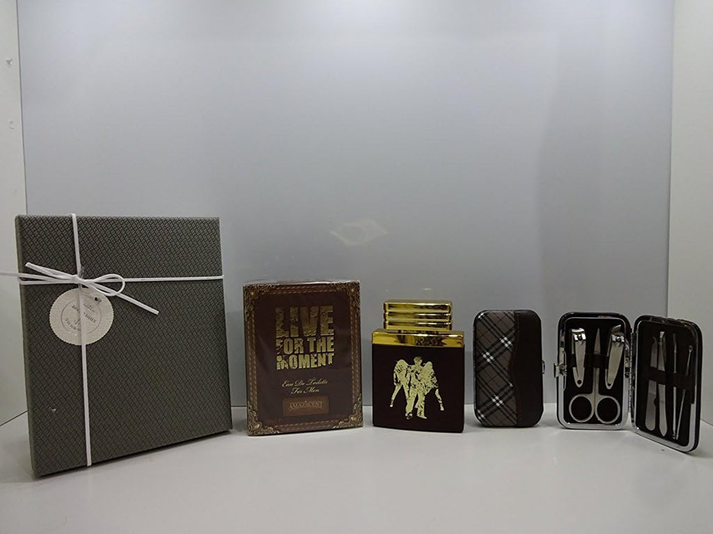 Luxury Gift Box for Men featuring Live For The Moment EDT fragrance and stainless steel manicure set, neatly arranged.