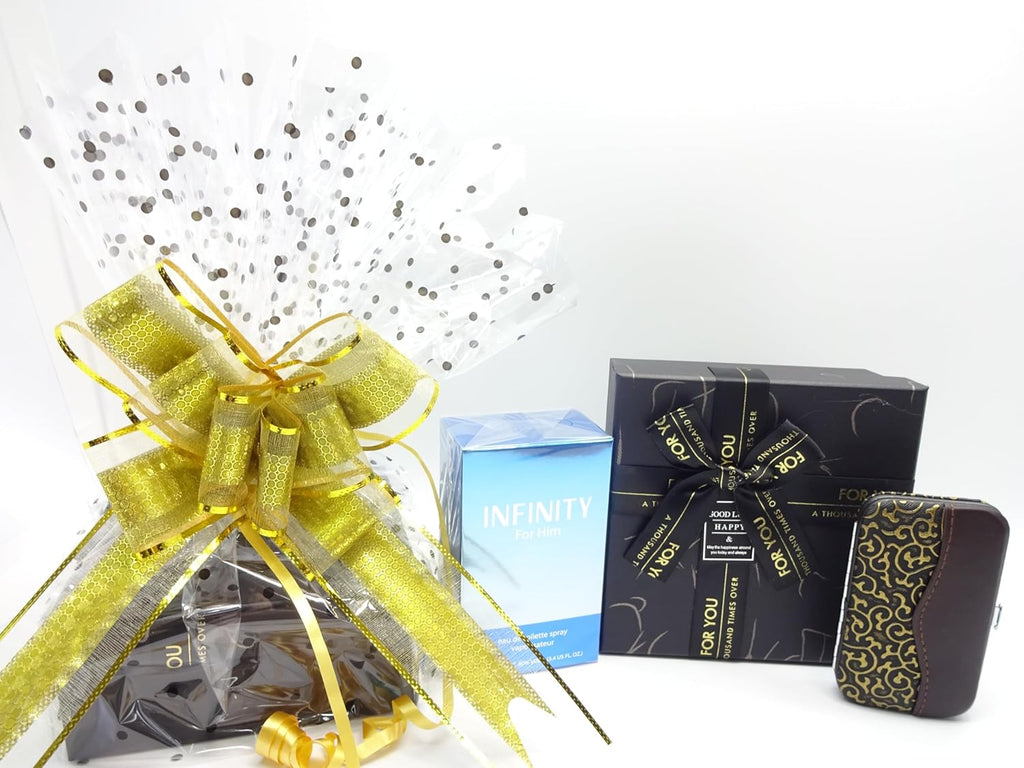 Luxury gift set box open, displaying the manicure kit and perfume, with a sophisticated black and gold design.