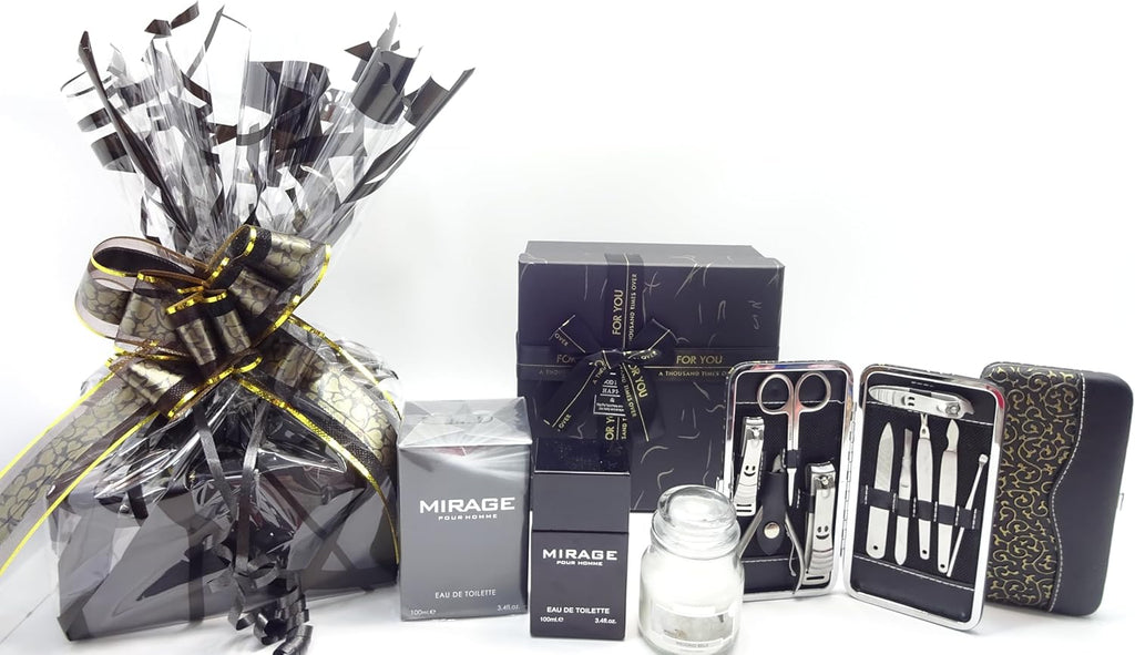 Front view of the luxury gift hamper featuring Mirage EDT, a candle, and manicure tools