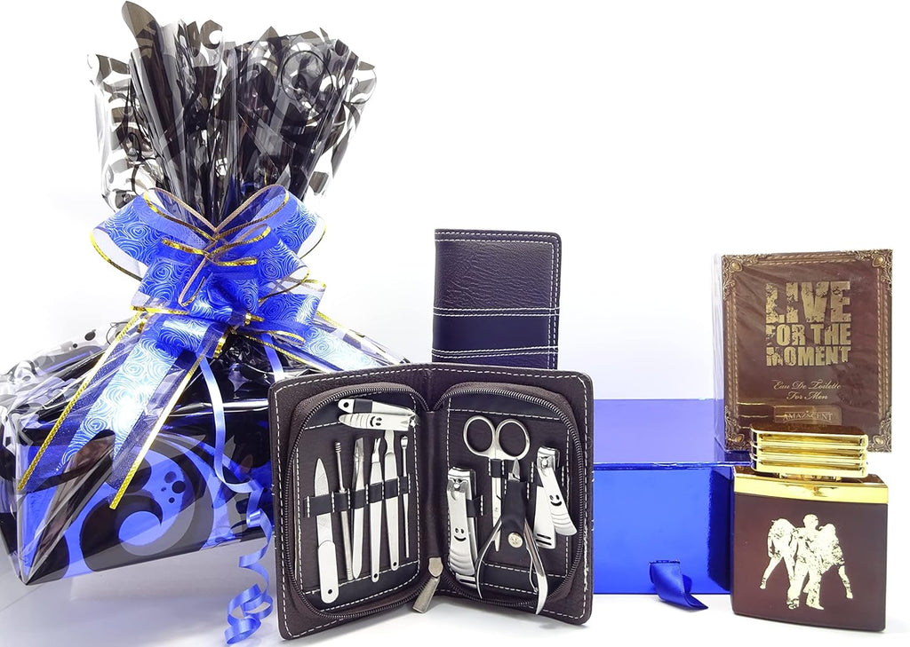 Luxury men's gift hamper with perfume and manicure pedicure travel toolset, featuring a beautiful blue gift wrap with gold ribbon.