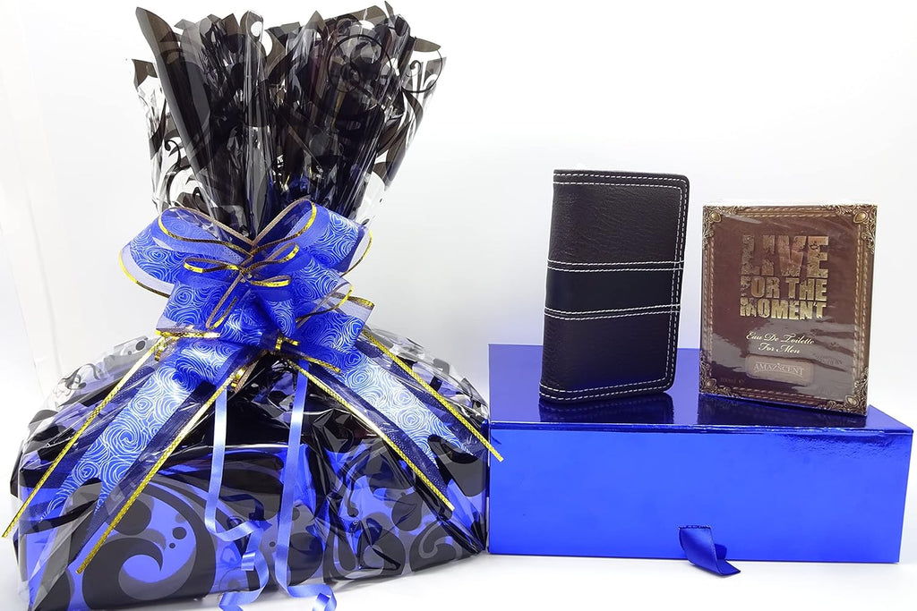 Beautifully wrapped men's gift hamper with blue and black wrapping, perfect for any occasion.