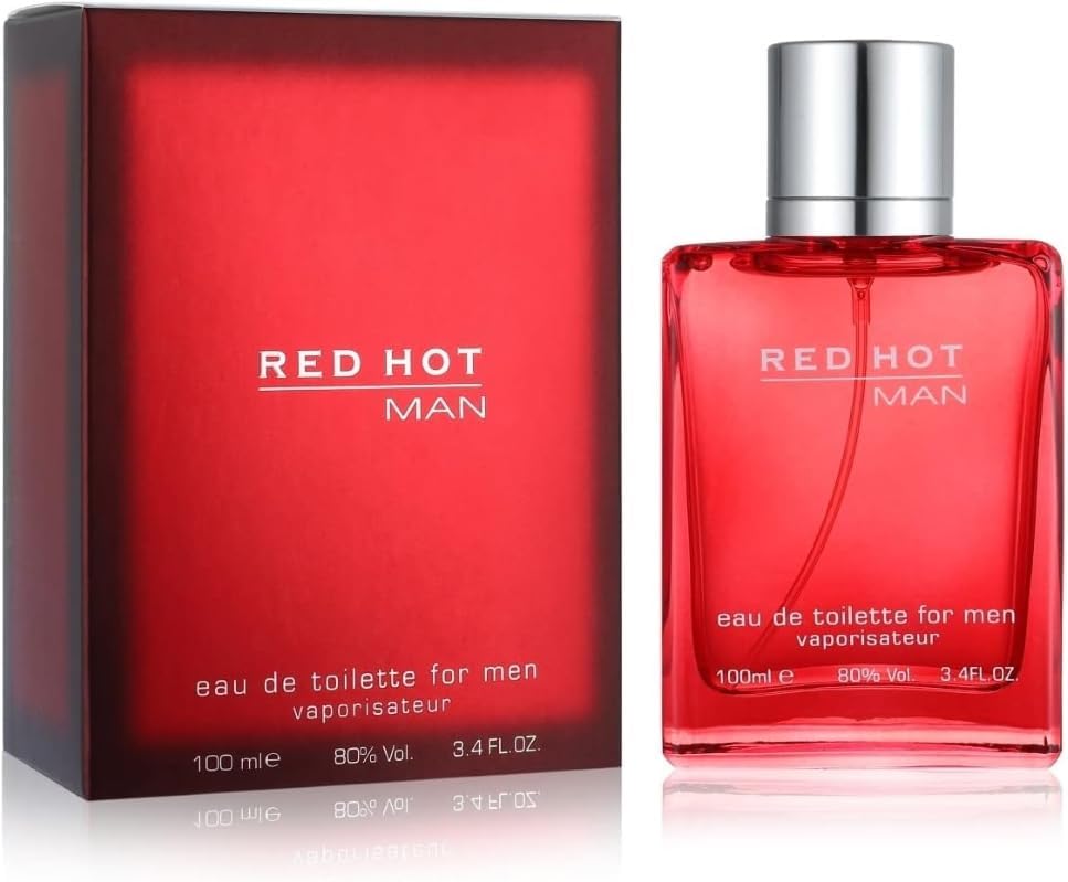 Close-up view of the Red Hot Man 100ml EDT bottle and box, showcasing the sleek red design.