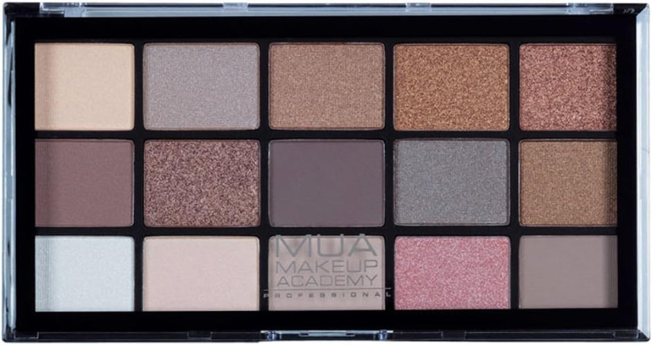 MUA 15 Shade Eyeshadow Palette Heavenly Neutral with a mix of matte and shimmer tones in warm and cool neutrals, compact black case with clear lid for versatile looks
