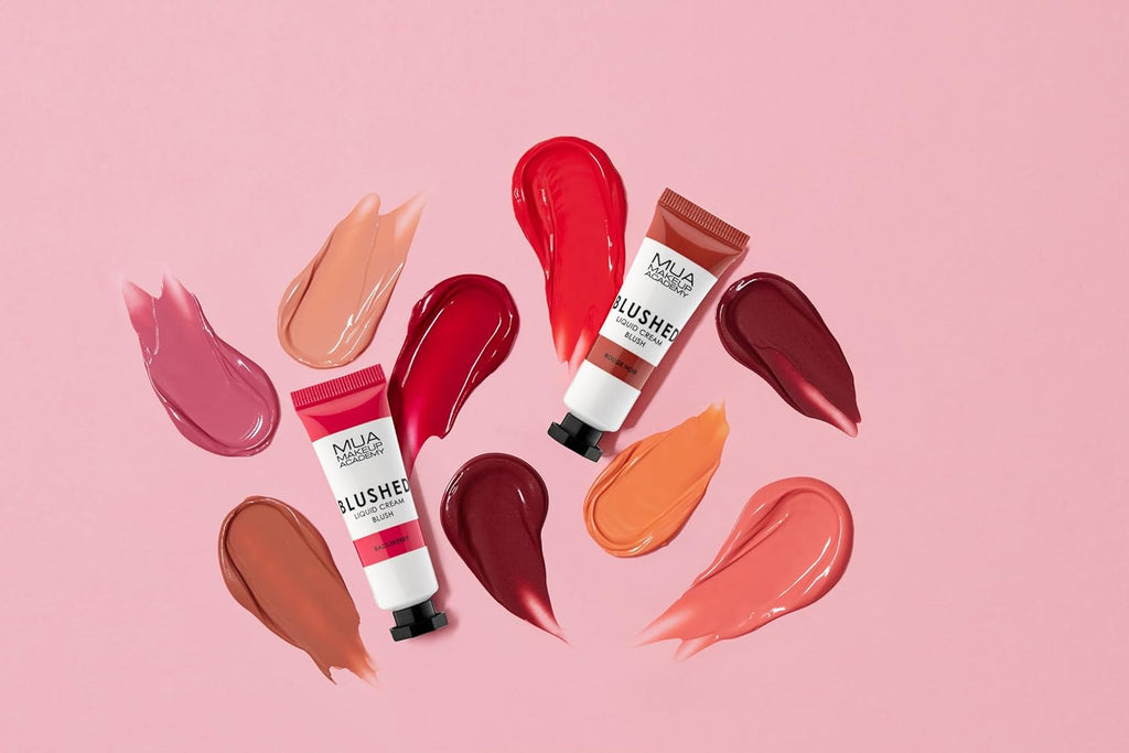 Artistic flatlay of MUA Blushed Liquid Cream Blush Watermelon with creamy pigment swatches on a pink background