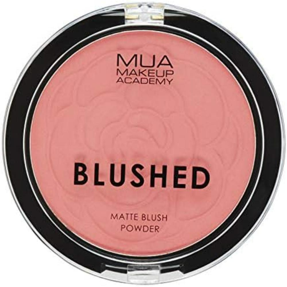 MUA Blushed Matte Blush Powder Blusher in Papaya Whip, featuring a sleek round compact with a clear lid, showcasing the soft, peachy blush shade.