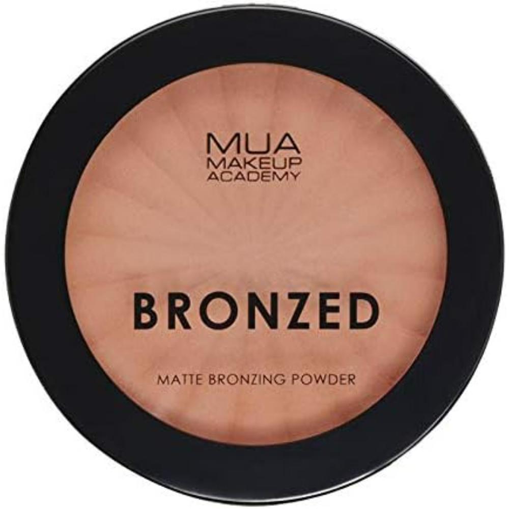 MUA Bronzed Matte Bronzing Powder compact with black lid and shade name Solar 100 on label