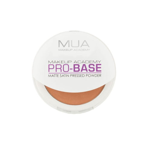 MUA Deep Fawn Pro Base Matte Satin Pressed Powder compact with clear lid and deep warm fawn shade