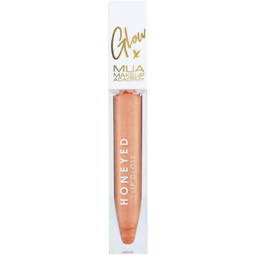 MUA Glow X Honeyed Lip Gloss tube featuring a sleek white and gold design, with shimmering peach gold gloss inside