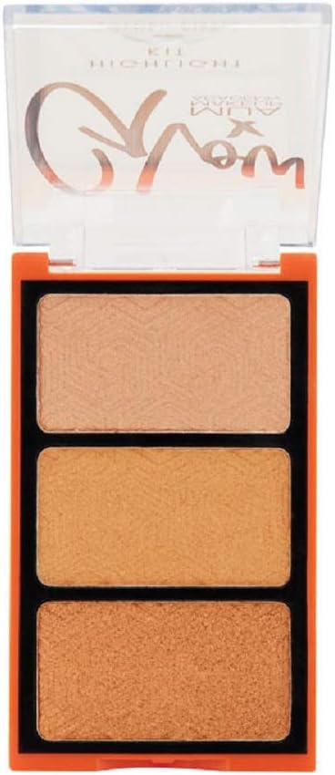 Open view of MUA Glow X MUA Highlight Kit Golden Kisses palette showing three pressed powder highlighter shades in luminous gold and bronze finishes