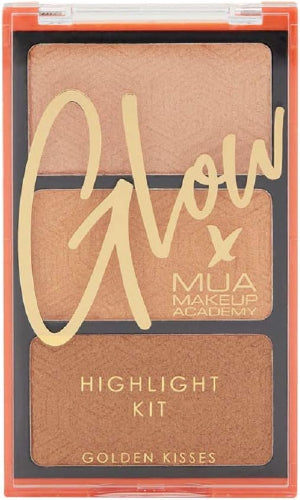 MUA Glow X MUA Highlight Kit Golden Kisses palette with three shimmering powder highlighters in gold, bronze, and champagne tones, compact case with clear lid
