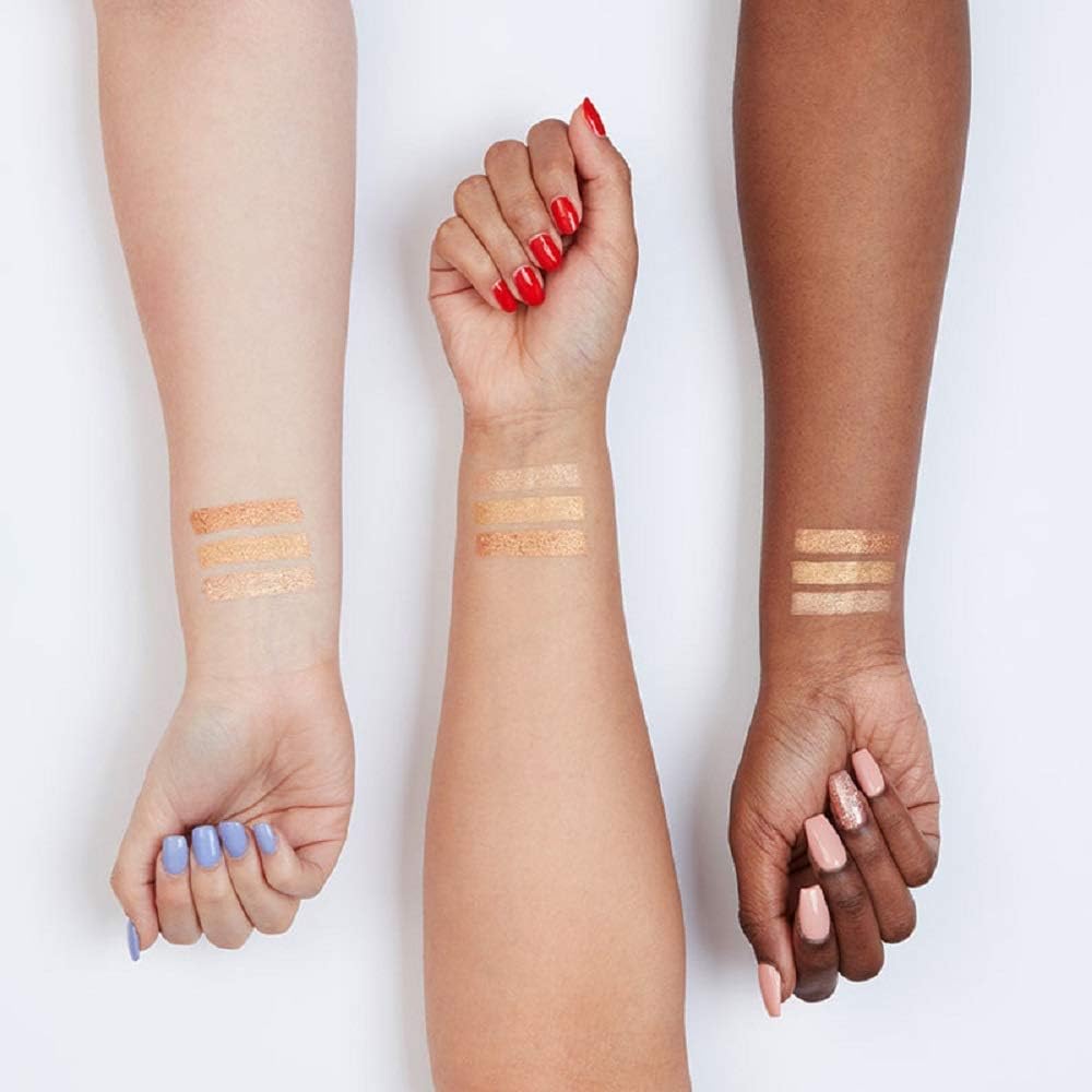 Swatches of MUA Glow X MUA Highlight Kit Golden Kisses on different skin tones, showing three radiant highlight shades with golden shimmer