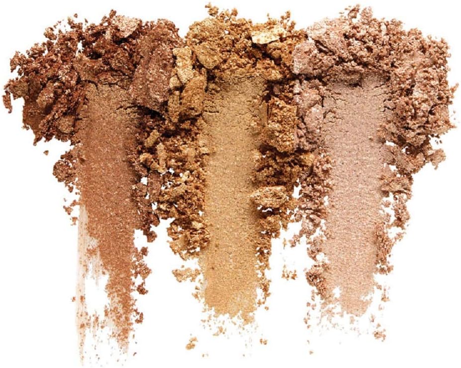 Crushed powder swatches of MUA Glow X MUA Highlight Kit Golden Kisses, displaying shimmery gold, champagne, and bronze pigments with high luminosity