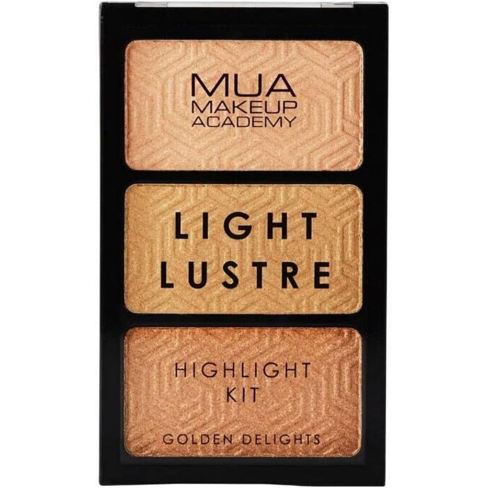 MUA Golden Delights Light Lustre Highlight Kit with three shimmering powder shades in golden tones