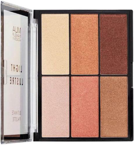 MUA Light Lustre Ultimate Palette with 6 shimmer powders for blush, bronzer, and highlight