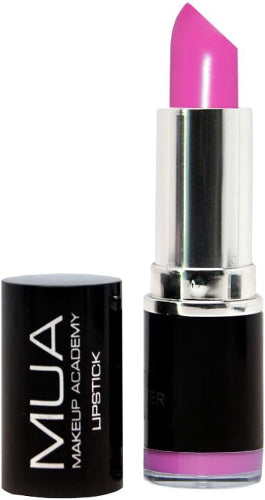 MUA Lipstick Persian Rose vibrant bright pink bullet lipstick with black and silver packaging