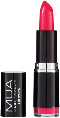 MUA Makeup Academy Lipstick Pomegranate in bold bright berry red shade with black tube and silver trim
