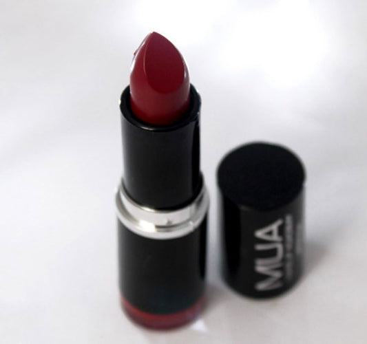 MUA Makeup Academy Lipstick in Vintage Rouge Deep Red shade with lid off, rich burgundy red bullet lipstick in black tube