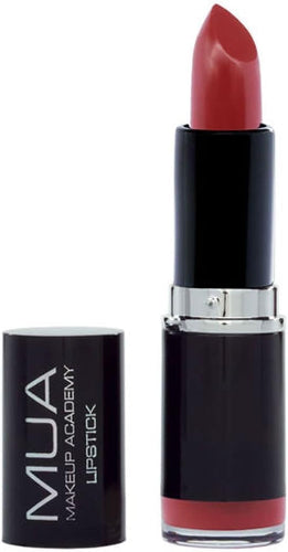 MUA Makeup Academy Lipstick Vintage Rouge Deep Red in sleek black tube with silver trim and cap beside