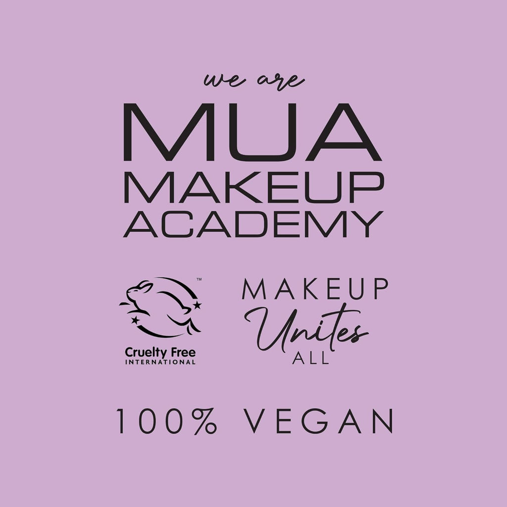 MUA Makeup Academy logo with cruelty-free and 100% vegan certification icons