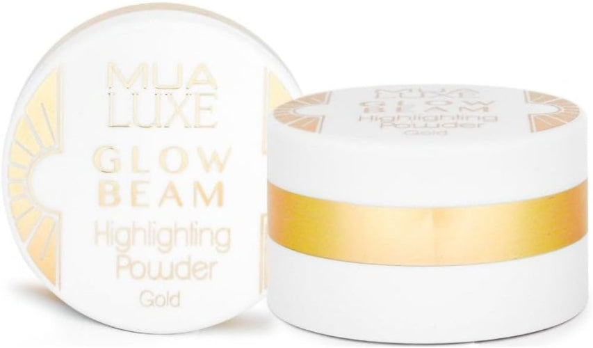 MUA Luxe Glow Beam Highlighting Powder in Gold shade, front view of compact packaging