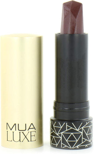 MUA Luxe Velvet Matte Lipstick shade 1 deep brown with geometric black base and luxe gold cap open