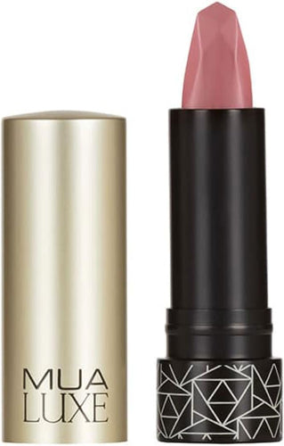 MUA Luxe Velvet Matte Lipstick shade 12 Pale Pink with geometric black base and luxe gold cap open