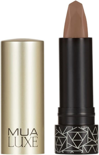MUA Luxe Velvet Matte Lipstick shade 6 Deep Nude Brown with geometric black base and gold cap open