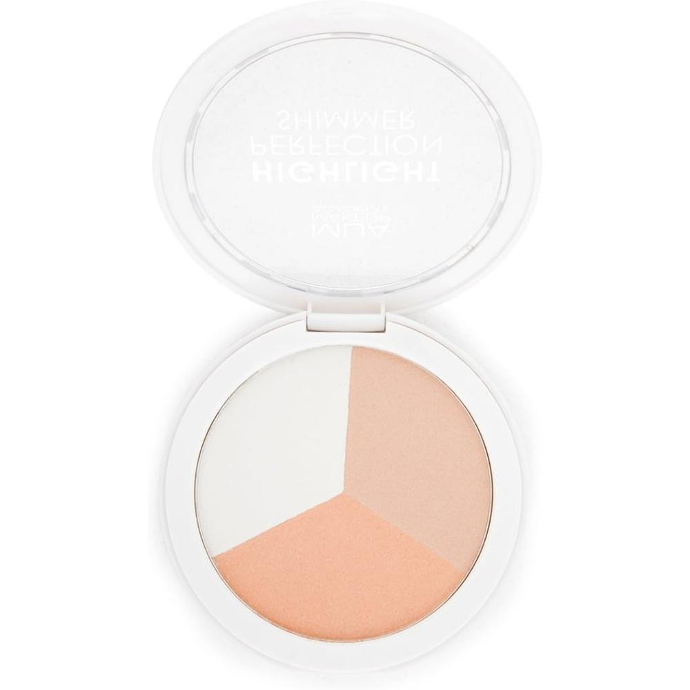 Open MUA Makeup Academy Highlight Perfection Shimmer palette showcasing the trio of shimmering shades designed for a radiant glow.