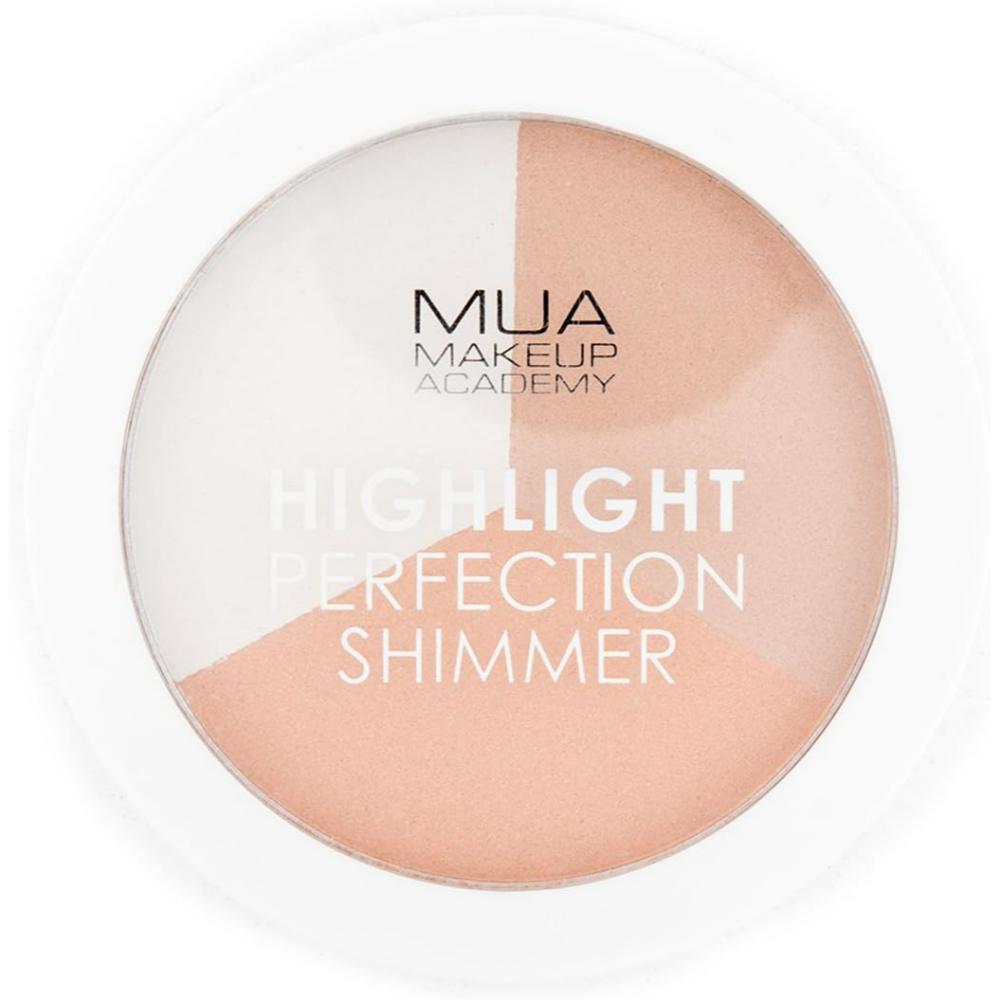 MUA Makeup Academy Highlight Perfection Shimmer highlighter in a single compact with three shades: white, light beige, and soft peach.