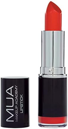 MUA Makeup Academy Lipstick Coral Flush in bright coral red shade with black and silver tube