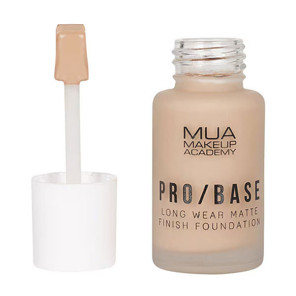 MUA PRO/BASE Long Wear Matte Finish Foundation shade 160 open with spatula showing medium beige color

