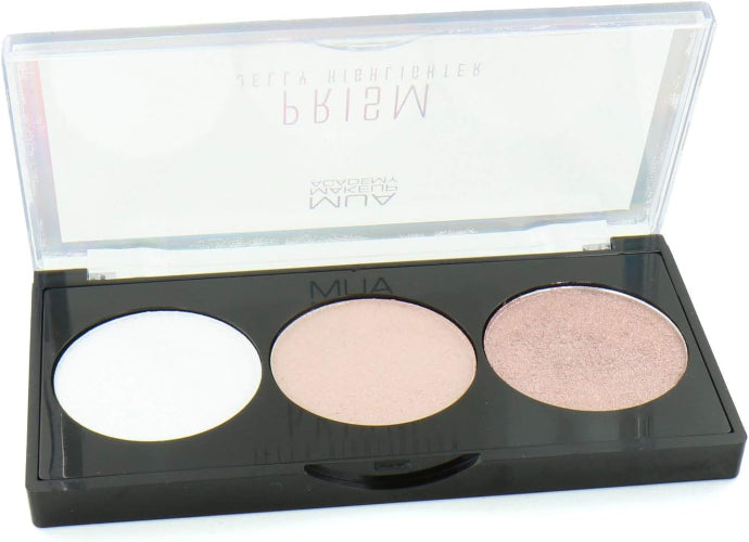 MUA Prism Jelly Highlight Palette Light Spark with three shimmering shades in white pearl, soft rose, and champagne tones, compact case with clear lid for radiant glow