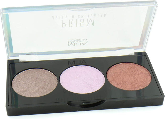 MUA Prism Jelly Highlighter Optical palette with three shimmering shades in lavender, bronze, and champagne tones, compact case with clear lid for multidimensional glow