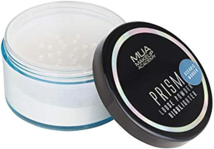 Open jar of MUA Prism Loose Powder Highlighter Oceanic Wonder showing fine loose shimmer powder with black holographic lid
