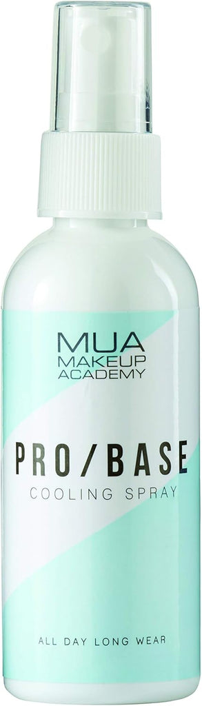 MUA Pro/Base Cooling Spray bottle with mint and white packaging, providing all-day long wear setting mist