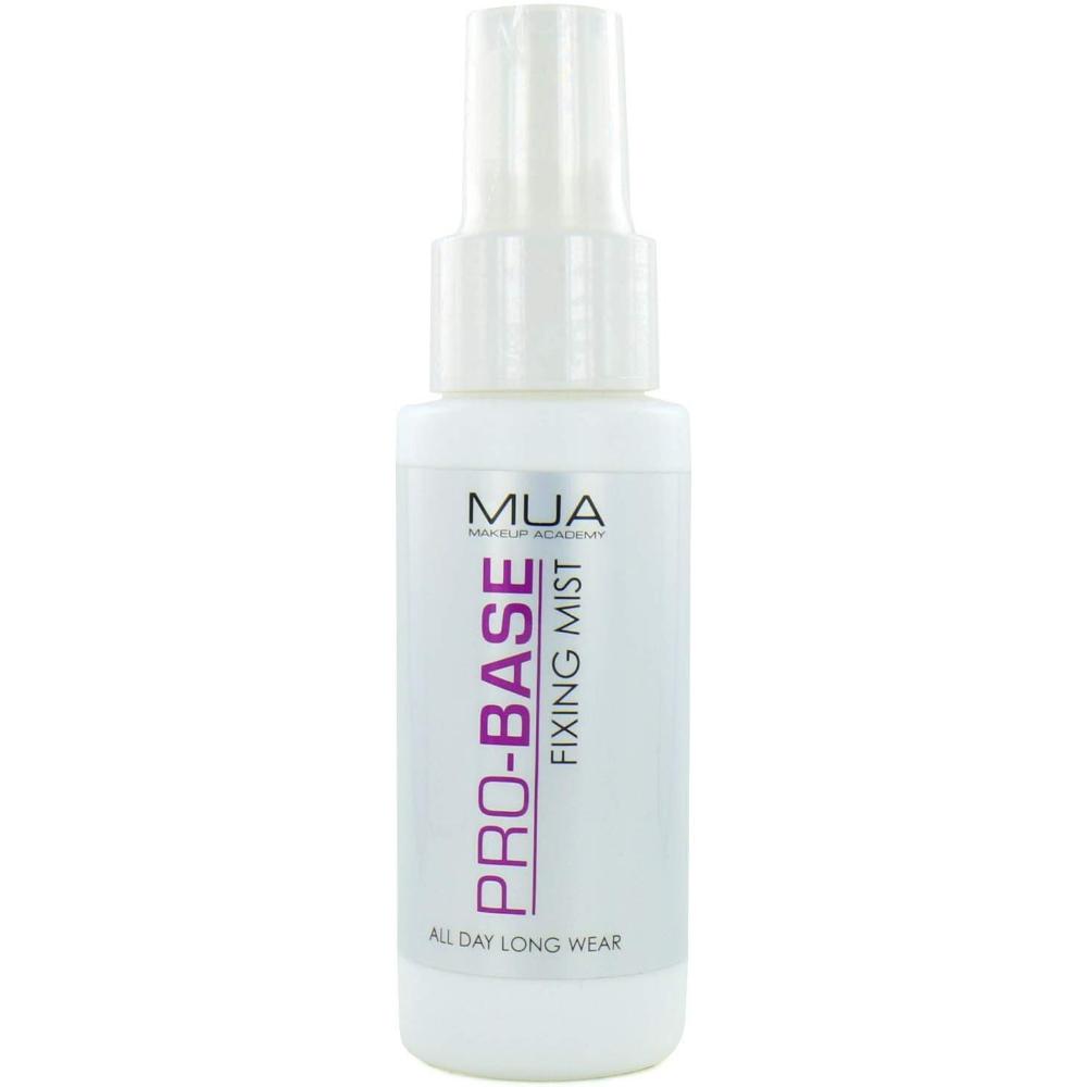 MUA Pro-Base Makeup Fixing Mist bottle, designed for all-day long wear makeup setting.
