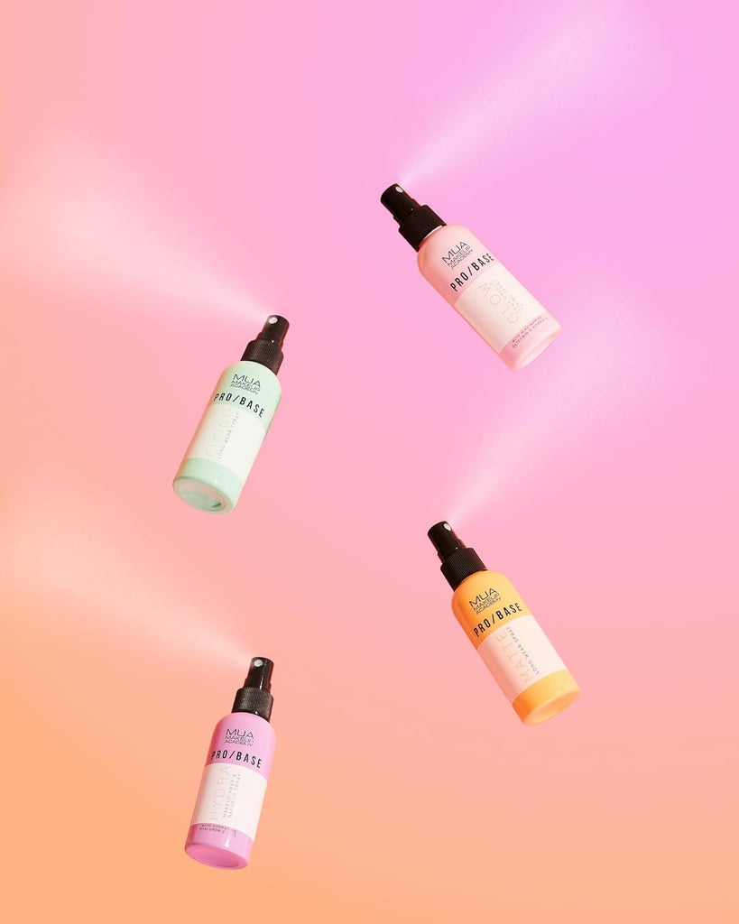 Collection of MUA Pro/Base Fixing Sprays in multiple variants including hydrating, matte, and long wear