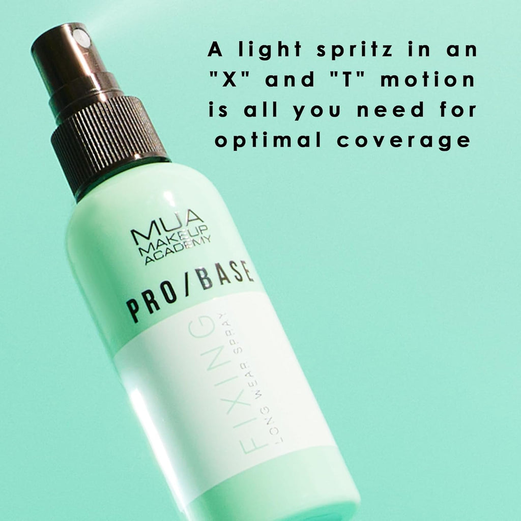 MUA Pro/Base Fixing Spray showing application tip with “X and T motion” for full coverage