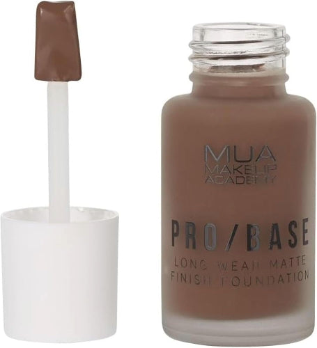 MUA Pro/Base Full Coverage Long Wear Matte Foundation shade 190 Dark bottle open with applicator