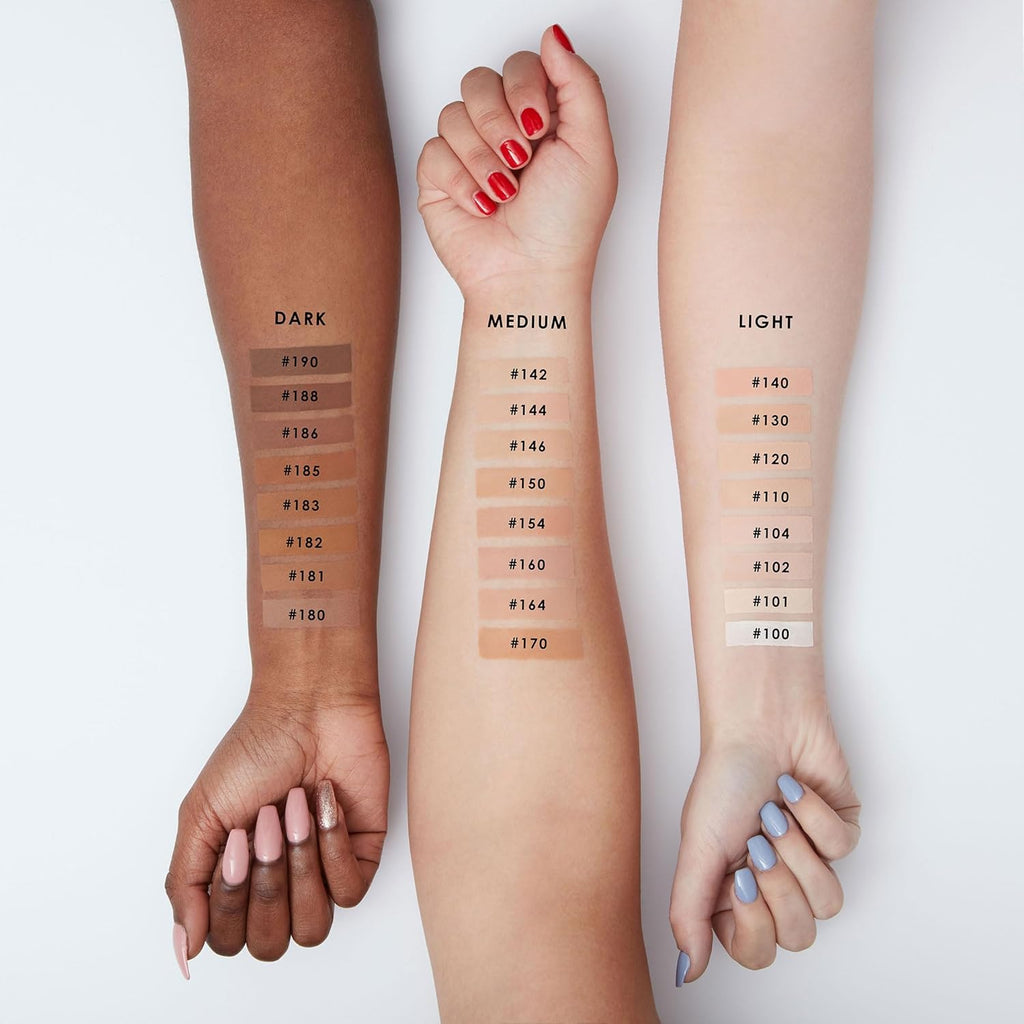 Arm swatches of MUA Pro/Base Full Coverage Long Wear Matte Foundation shades ranging from light to dark including shade 190