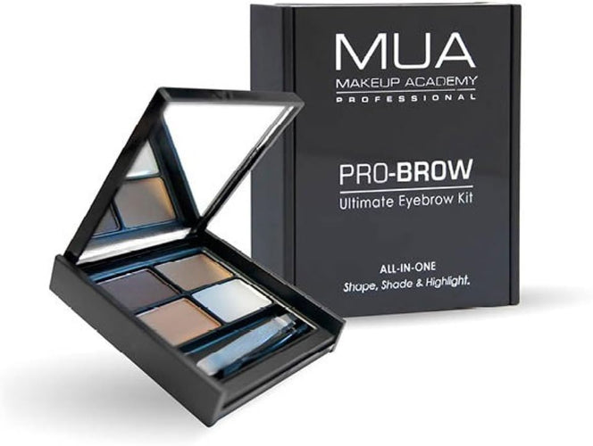 MUA Pro-Brow Ultimate Eyebrow Kit Fair shade open view showing powders, wax, highlight and mirror