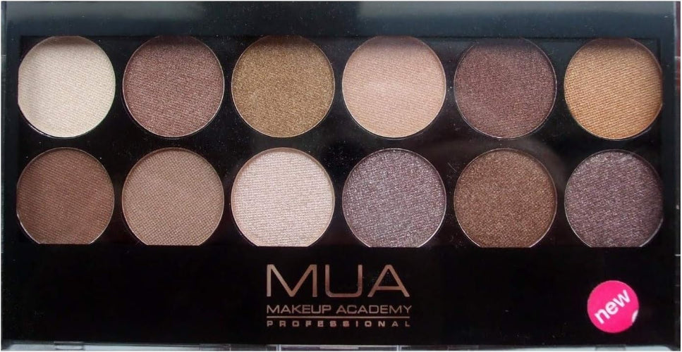 MUA Professional 12 Shade Eyeshadow Palette Heaven and Earth featuring warm neutral tones in matte and shimmer finishes, compact black case with clear lid for versatile eye looks