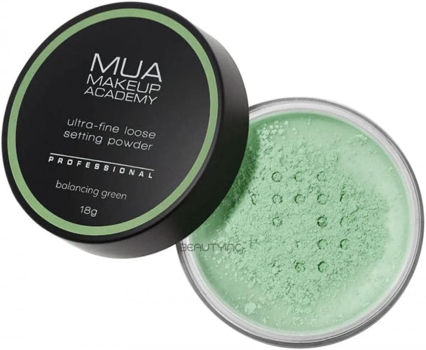 MUA Professional Ultra-Fine Loose Setting Powder in Balancing Green, 18g jar with black lid and sifter, colour-correcting loose powder to neutralize redness and create a flawless matte finish