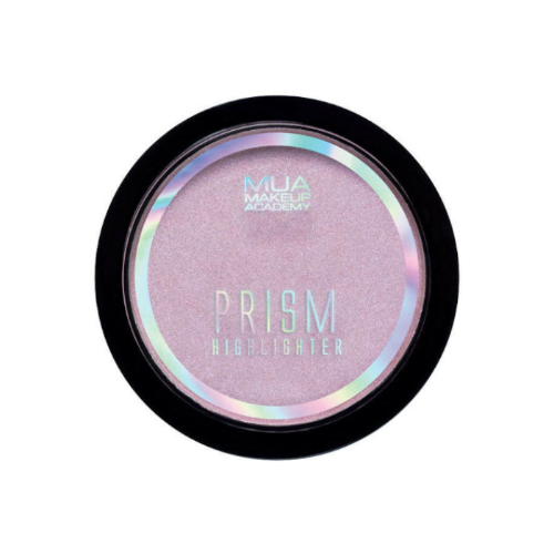 MUA Makeup Academy Rose Tinted Prism Highlighter pressed powder in holographic compact packaging, designed to add a radiant glow with iridescent rose tones.